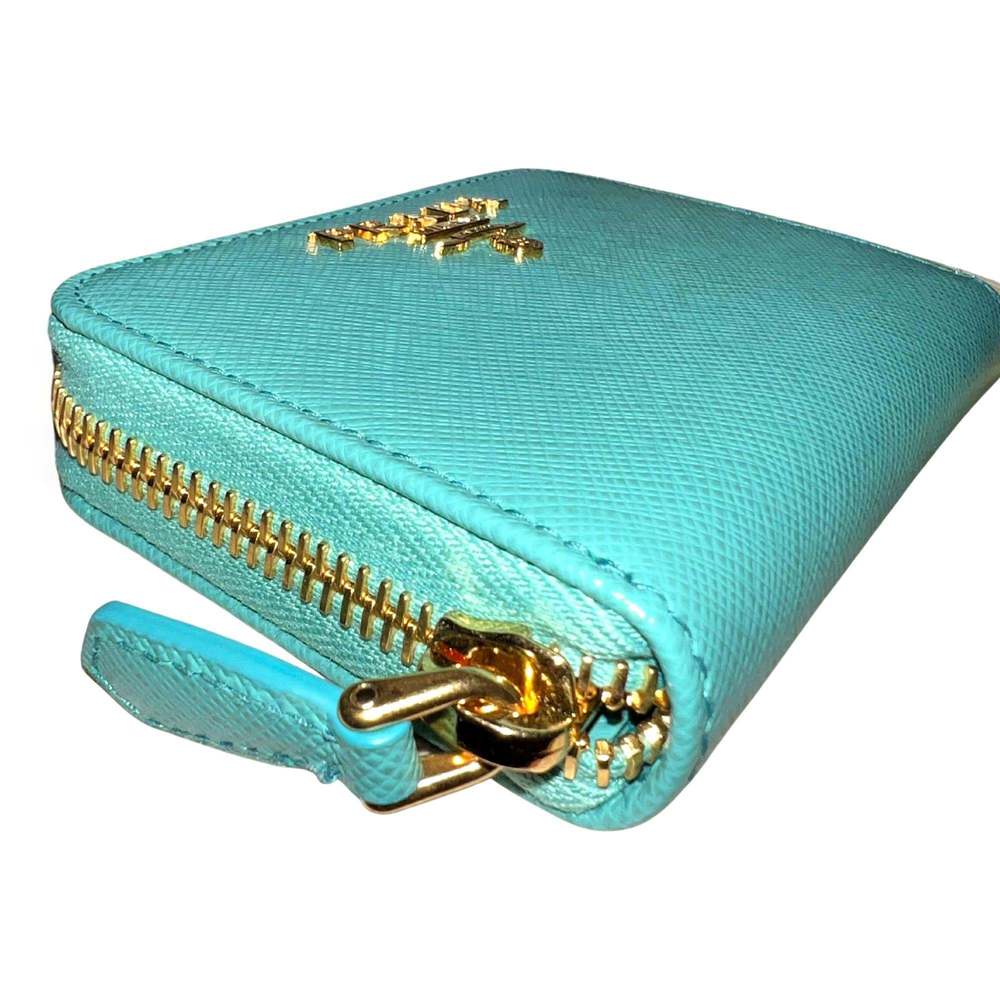 Prada Saffiano Leather Giada Turquoise Small Zip Cardholder - Picture 2 of 7